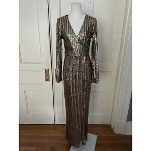 Lulus Sequin Faux Wrap Maxi Dress Womens Size Medium Gold Party Event Sparkle